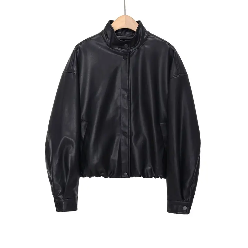 Damen Kurz geschnittener Oversize‑Bomber im Bikerstil aus veganer Lederoptik mit Stehkragen Drune