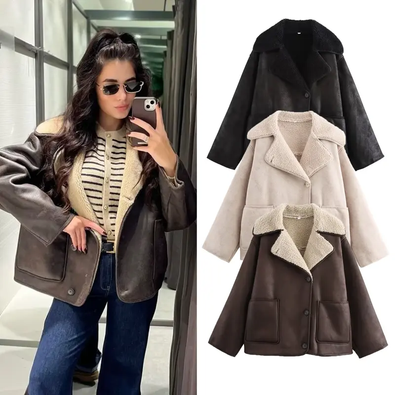 Damen Kurz geschnittener Oversized Lammfellimitat-Mantel mit Teddy-Kragen Drune