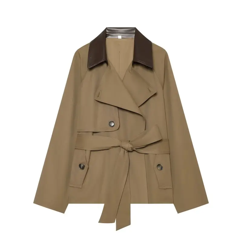 Damen kurz geschnittener Trenchcoat mit kontrastierendem Lederkragen und Taillengürtel Drune