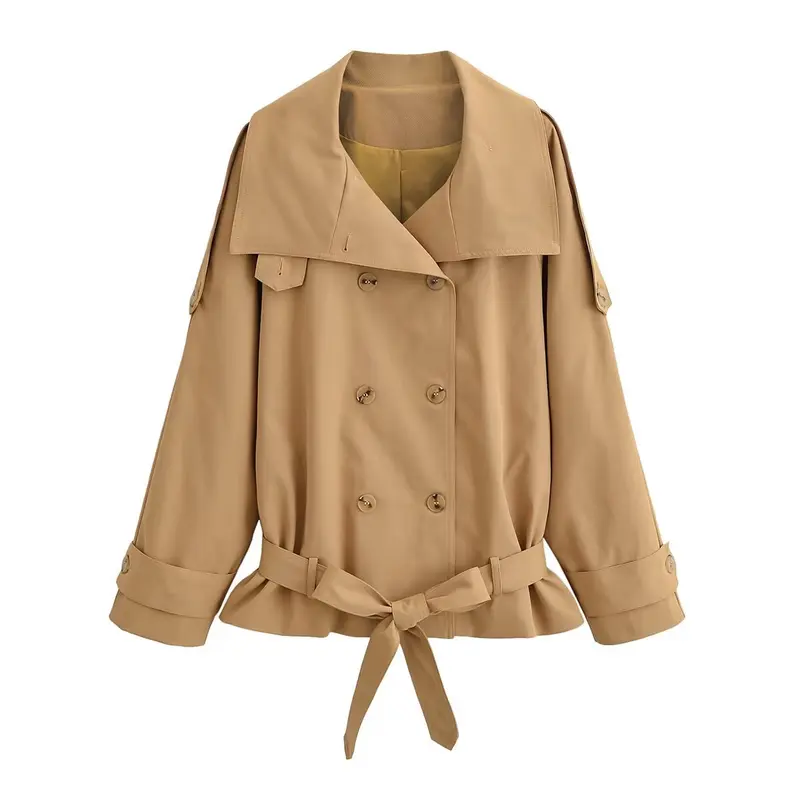 Damen Kurz-Trenchcoat mit doppelreihiger Knopfleiste, Cape‑Yoke und Taillengürtel Drune