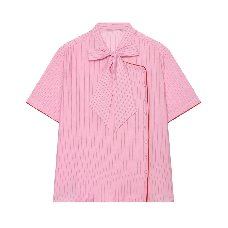 Damen Kurzarm-Bluse mit Schleifenkragen und seitlicher Knopfleiste Drune