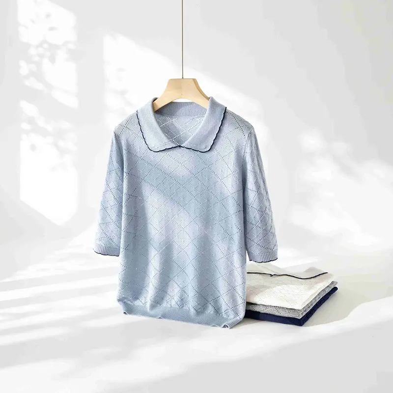Damen Kurzarm-Feinstrickpullover mit Peter-Pan-Kragen, Ajour-Diamantmuster und feiner Kontrastkante Drune