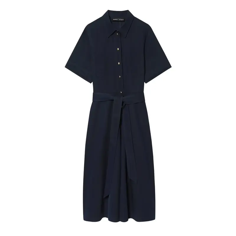 Damen Kurzarm-Hemdblusenkleid mit durchgehender Knopfleiste, Taillengürtel und Brusttaschen Drune