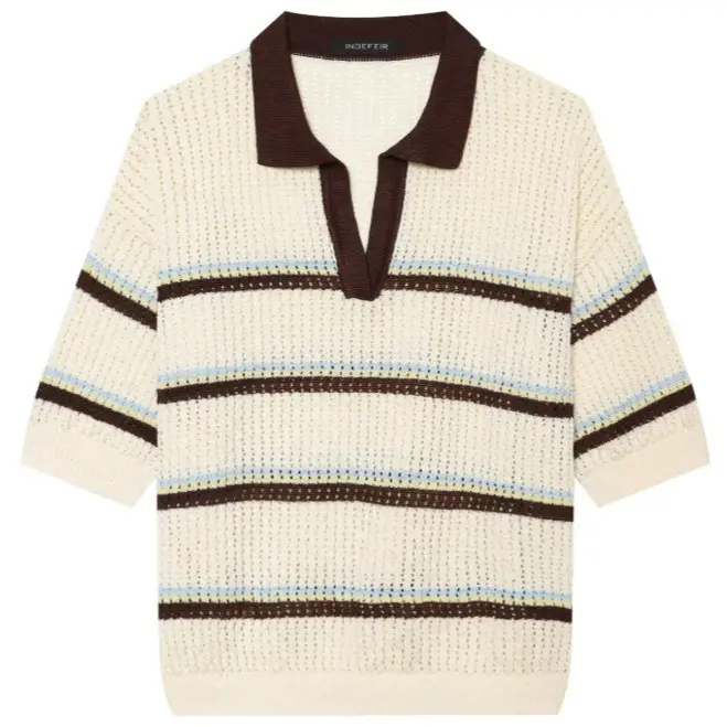 Damen Kurzarm Polo-Strickpullover mit V‑Ausschnitt, Strukturmuster und Streifendetail Drune