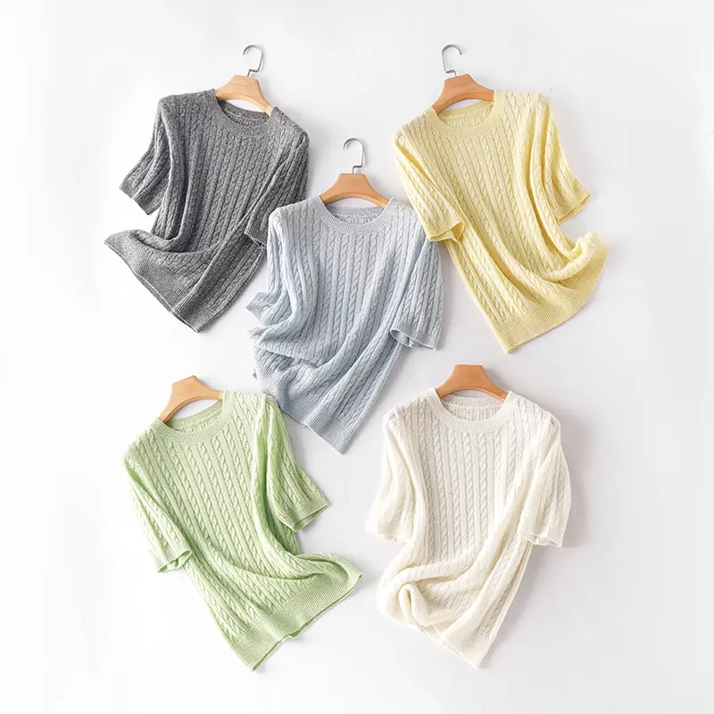 Damen Kurzarm-Strickpullover mit Zopfmuster und feinem Rundhalsausschnitt Drune
