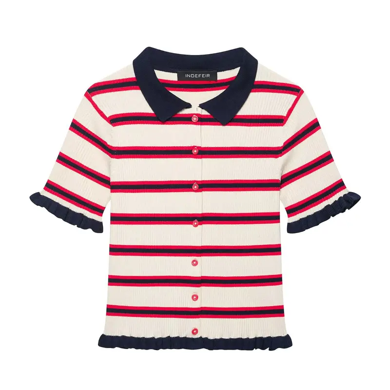 Damen Kurzärmelige Feinstrick-Cardigan mit Polokragen und Volantbündchen Drune