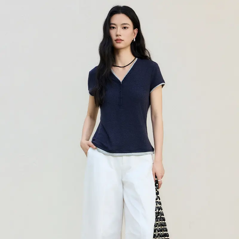 Damen Kurzärmeliges V-Ausschnitt-Henley-Shirt aus Stretch-Jersey mit feiner Knopfleiste Drune