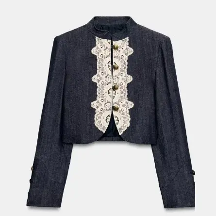 Damen Kurzblazer im Bolero‑Stil mit Spitzenbesatz und Stehkragen Drune