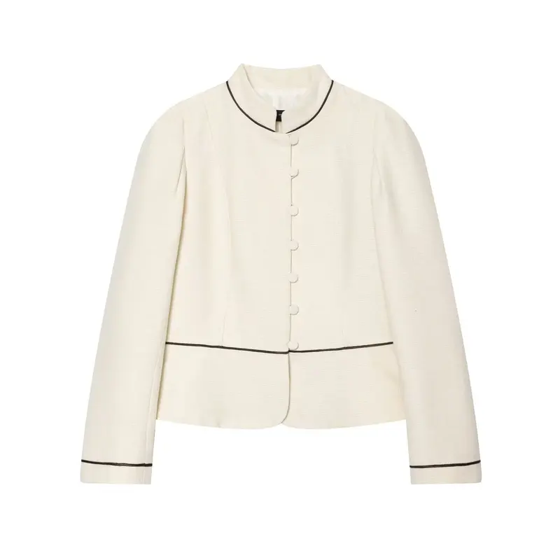 Damen Kurzblazer im Bouclé‑Look mit Stehkragen, dekorativen Knöpfen und Kontrastpaspel Drune
