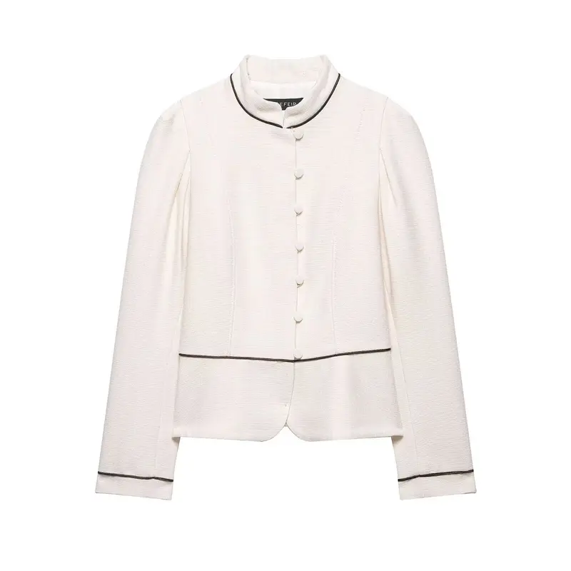 Damen Kurzblazer im Bouclé-Look mit Stehkragen, Zierknopfleiste und Kontrastpaspel Drune