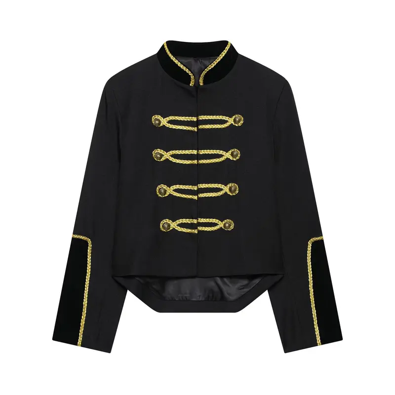 Damen Kurzblazer im Militärstil mit goldener Kordverzierung und Schwalbenschwanz Drune