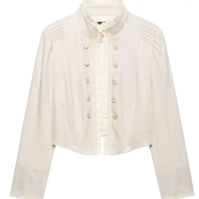 Damen Kurzblazer im Military‑Chic mit Stehkragen und Rüschenblende Drune