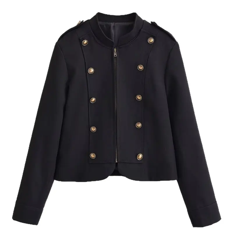 Damen Kurzblazer im Military-Look mit Stehkragen, Zierknopfreihe und Reißverschluss Drune
