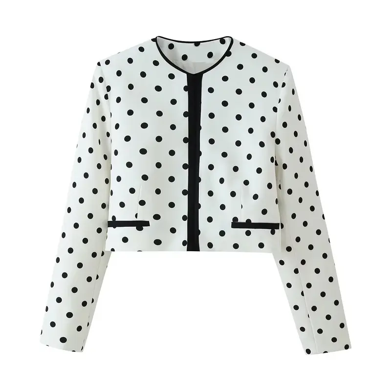 Damen Kurzblazer im Polka-Dot-Design mit Rundhalsausschnitt, kurzem Schnitt und Kontrastpaspeln Drune
