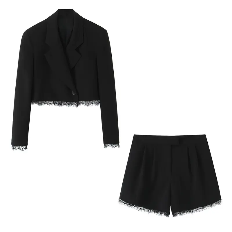 Damen Kurzblazer mit Spitzenbesatz und taillierter Cropped-Silhouette Drune