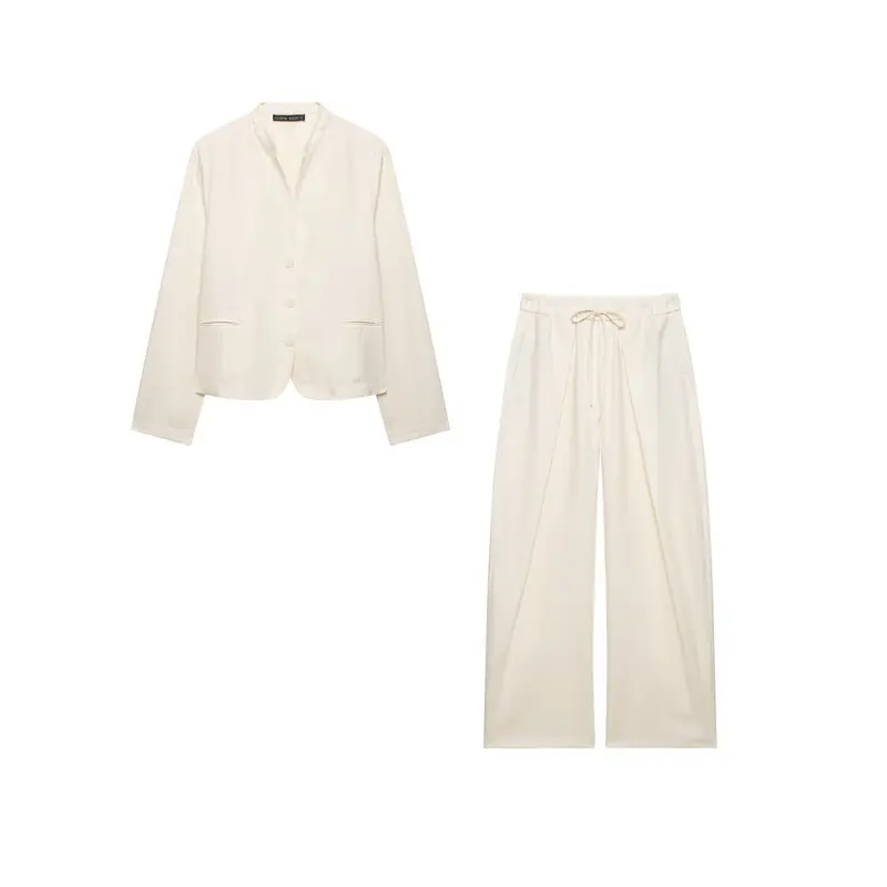 Damen Kurzblazer mit Stehkragen und weite Palazzo-Hose mit Kordelzug Drune