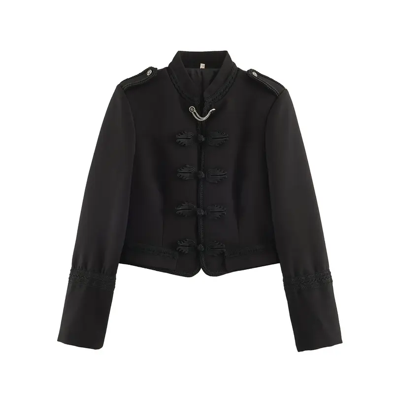 Damen Kurzblouson im Militärstil mit Mandarinkragen, Zierknoten und Epauletten Drune