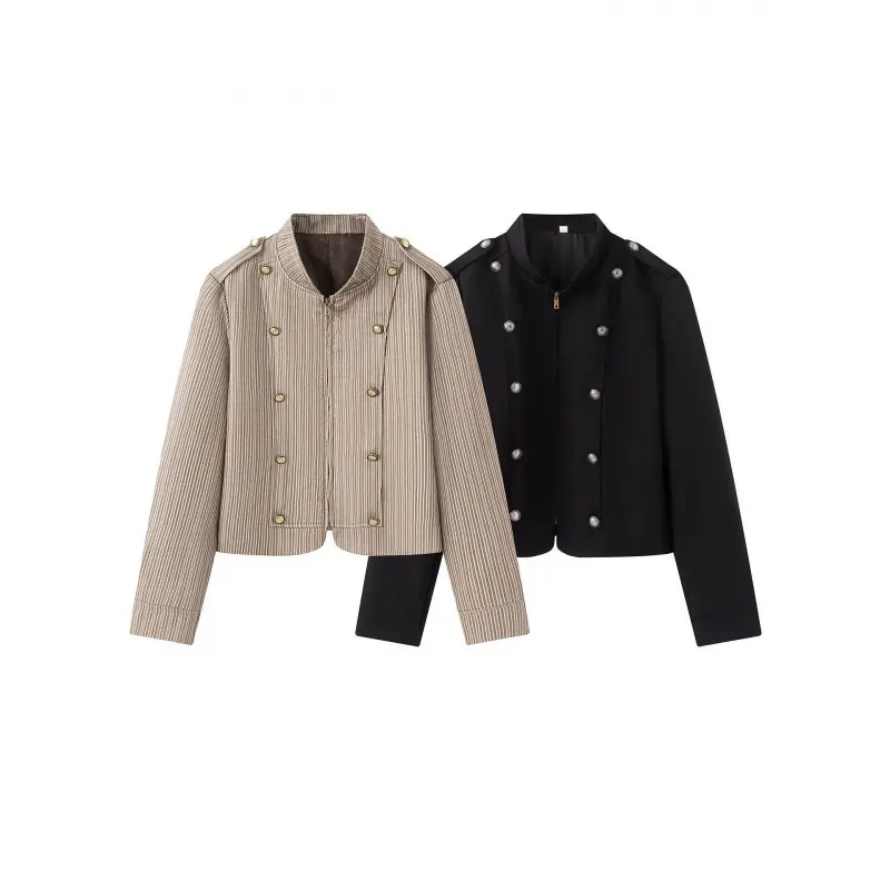 Damen Kurzblouson im Military‑Cut mit Stehkragen, Zierknopfreihen und Schulterpatten Drune