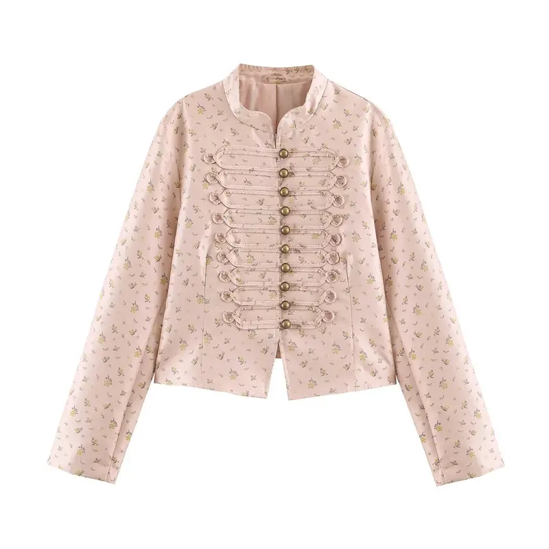 Damen Kurzblouson im romantischen Militärstil mit Blumenjacquard und dekorativen Kordelschließen Drune
