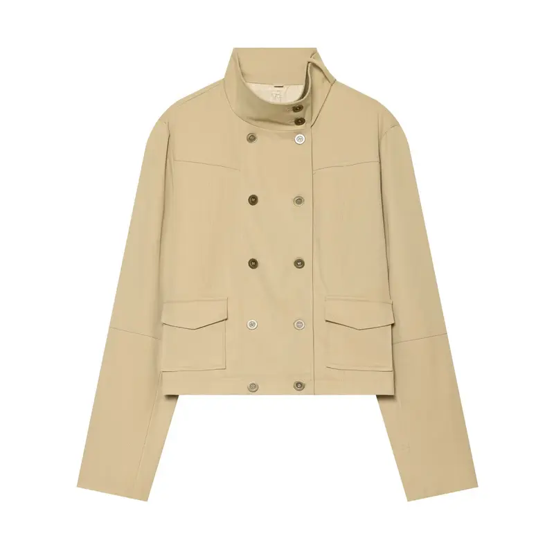 Damen Kurzblouson im Trench‑Stil mit doppelreihiger Knopfleiste und hohem Stehkragen Drune
