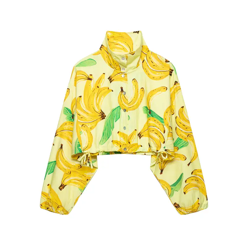 Damen Kurzbluse im Cropped-Boxy-Schnitt mit Banane‑Print, hohem Stehkragen und Tunnelzugsaum Drune