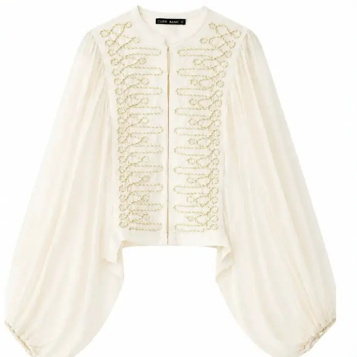 Damen Kurzbluse im Folklore‑Militärstil mit voluminösen Bischofärmeln Drune