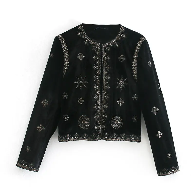 Damen Kurze bestickte Samtjacke mit Perlen- und Paillettenverzierung Drune