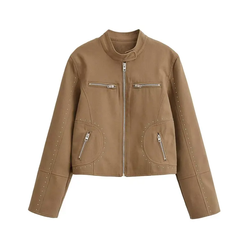Damen Kurze Bikerjacke aus Wildlederimitat mit Nietenbesatz und Stehkragen Drune