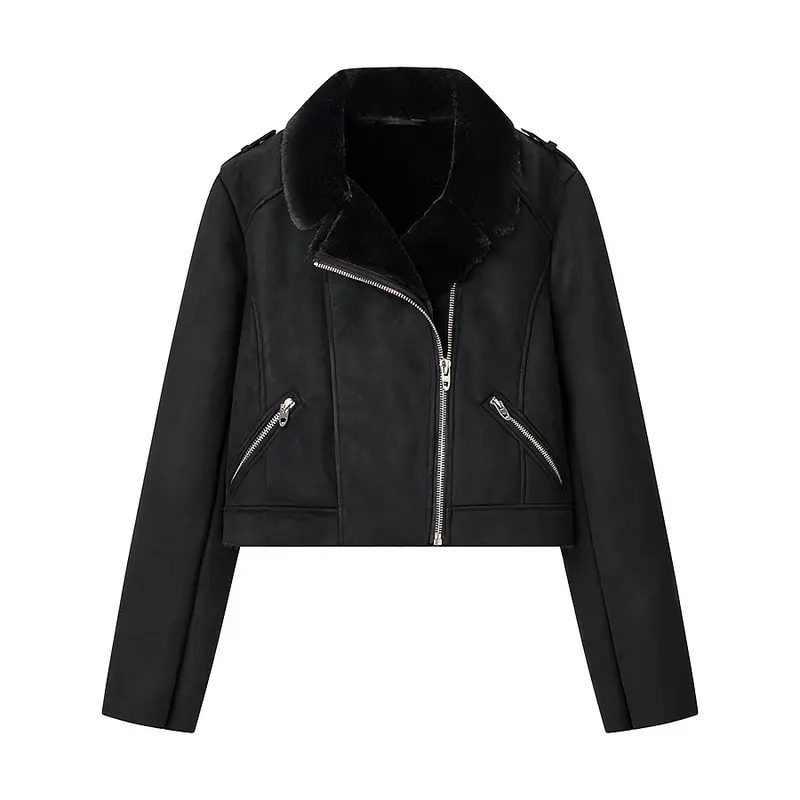 Damen Kurze Bikerjacke im Aviator-Look mit Kunstfellkragen und asymmetrischem Reißverschluss Drune