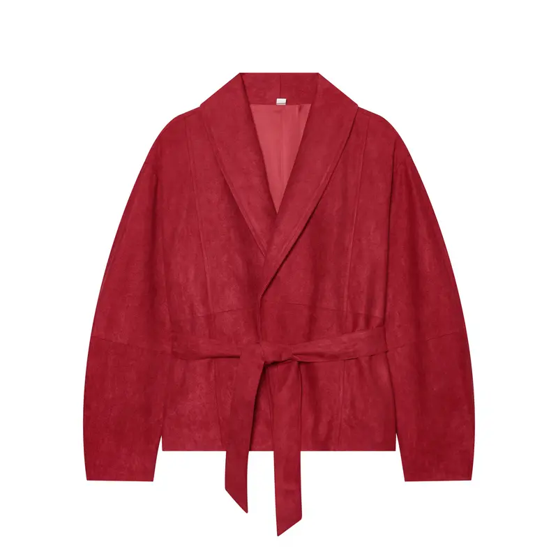 Damen Kurze Bindegürtel-Jacke aus weichem Veloursimitat mit Schalkragen Drune