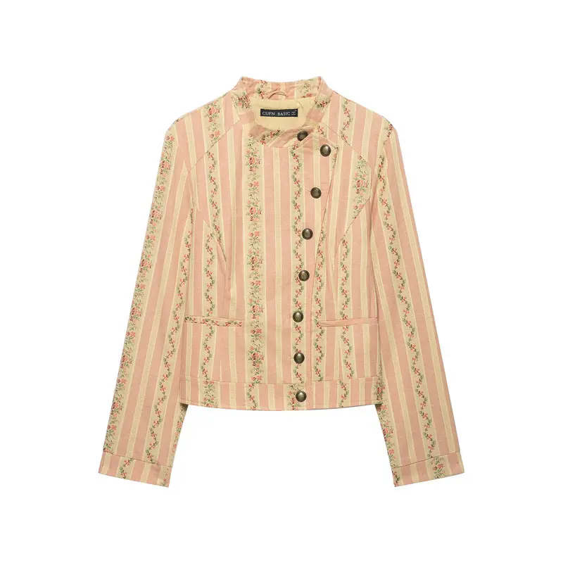 Damen Kurze Blousonjacke im Vintage‑Streifenmuster mit asymmetrischer Knopfleiste Drune