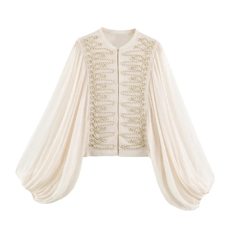 Damen Kurze Bluse‑Jacke mit dekorativer Kordelverzierung und voluminösen Plisseeärmeln Drune