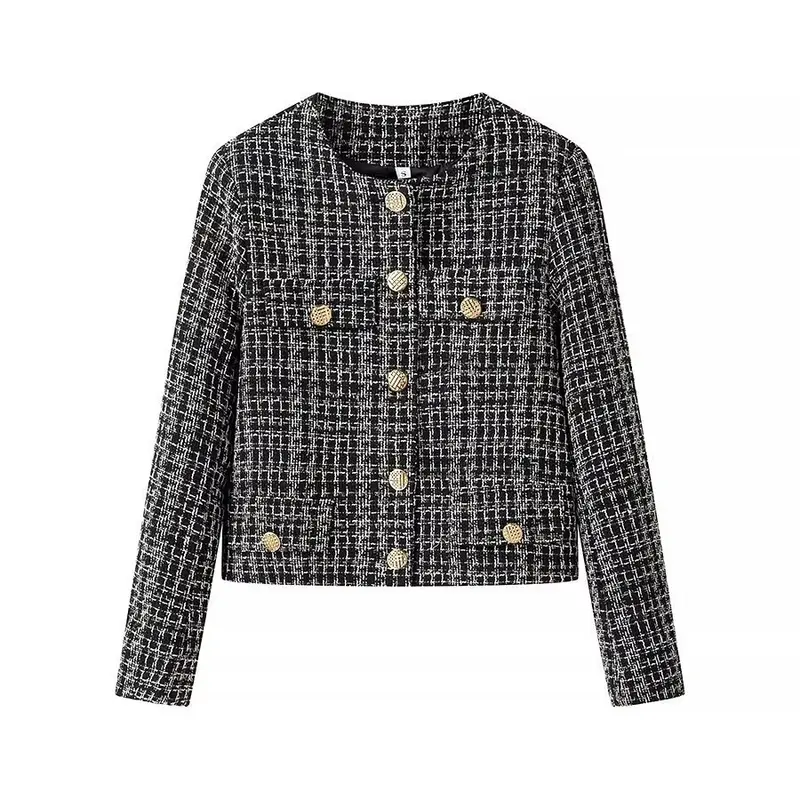 Damen Kurze Bouclé-Tweed-Jacke mit Rundhals, dekorativen Zierknöpfen und aufgesetzten Taschen Drune
