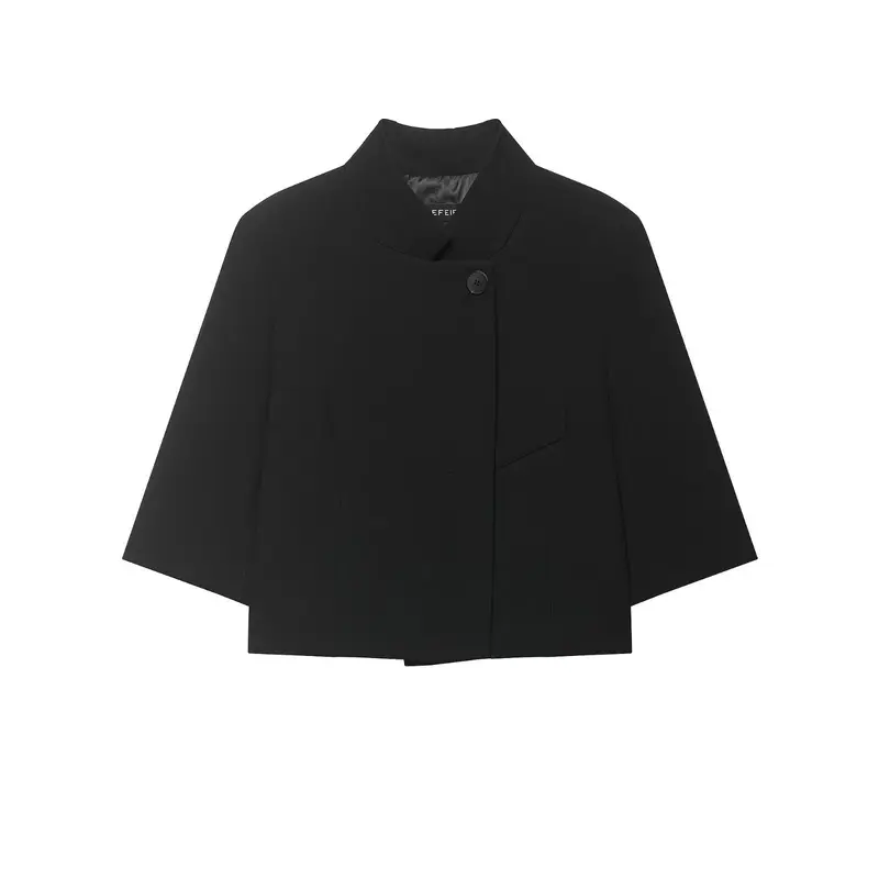 Damen Kurze Boxy-Capejacke mit Stehkragen, verdeckter Knopfleiste und Pattentasche Drune