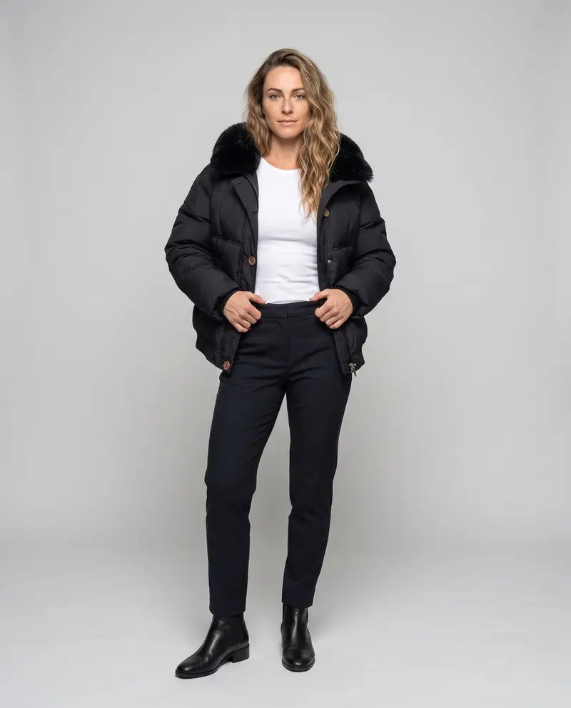 Damen kurze boxy gesteppte Jacke mit abnehmbarem Kunstfellbesatz, hohem Kragen und verdecktem Druckknopf und Reißverschluss