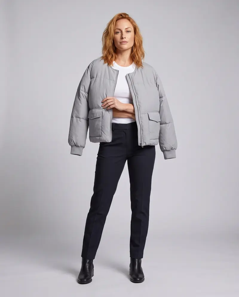 Damen kurze boxy gesteppte Jacke mit geradem Schnitt, verdecktem Reißverschluss und elastischen Bündchen