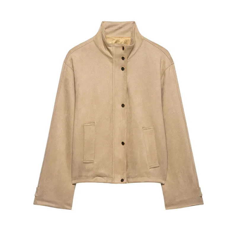 Damen Kurze Boxy-Jacke in Veloursoptik mit Stehkragen und Druckknopfleiste Drune