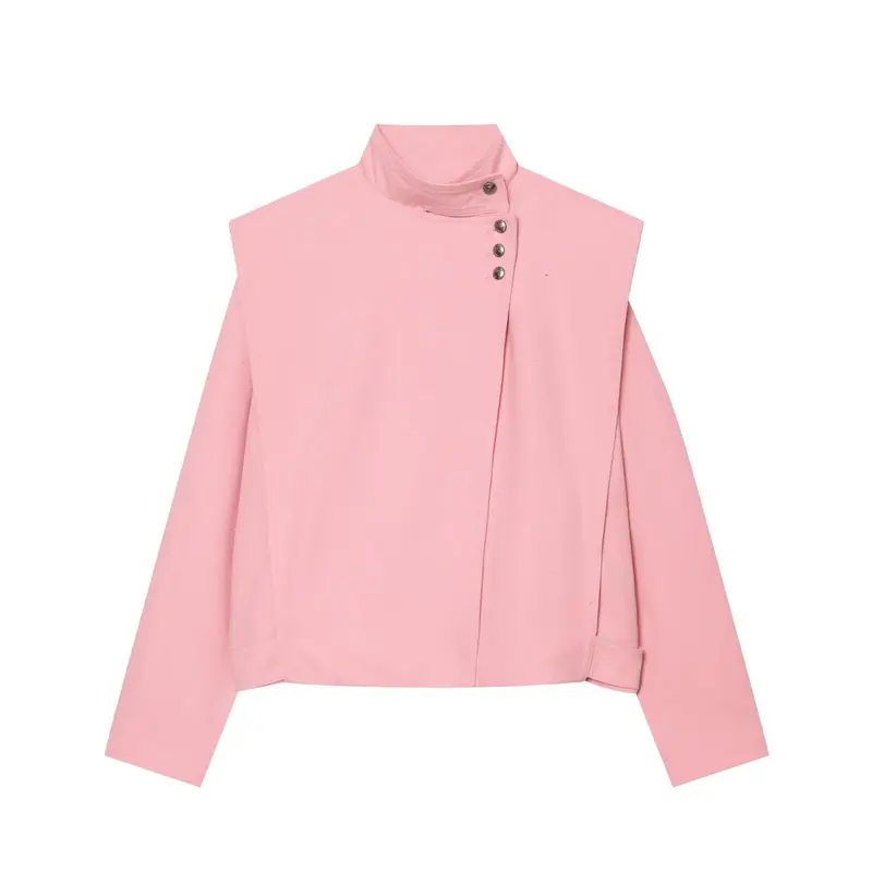 Damen kurze Boxy-Jacke mit Stehkragen und asymmetrischer Knopfleiste Drune