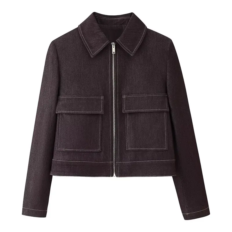 Damen Kurze Boxy-Jeansjacke mit durchgehendem Reißverschluss und aufgesetzten Klappentaschen Drune