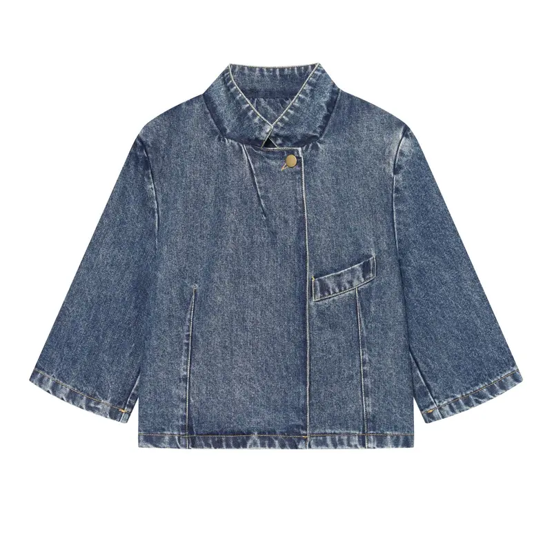 Damen Kurze boxy Jeansjacke mit Stehkragen, asymmetrischer Druckknopfleiste und aufgesetzter Brusttasche Drune