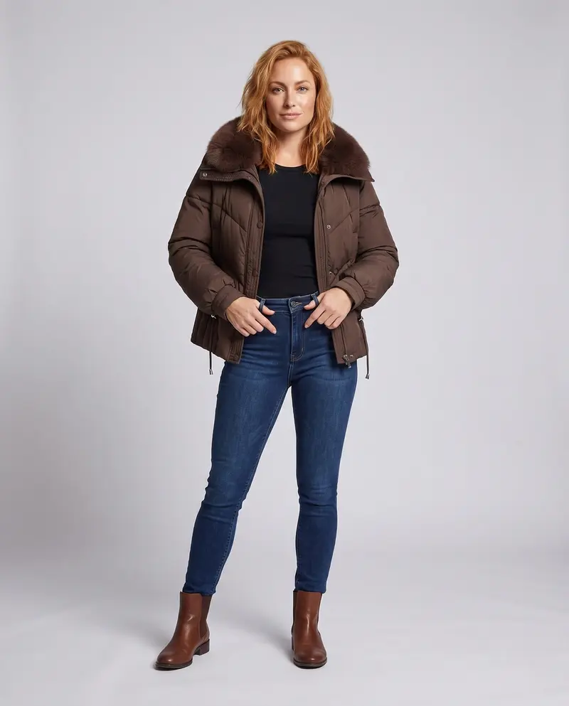 Damen kurze boxy Steppjacke mit extra-weichem Schalkragen im Kunstfaser-Look und verstellbarem Saum