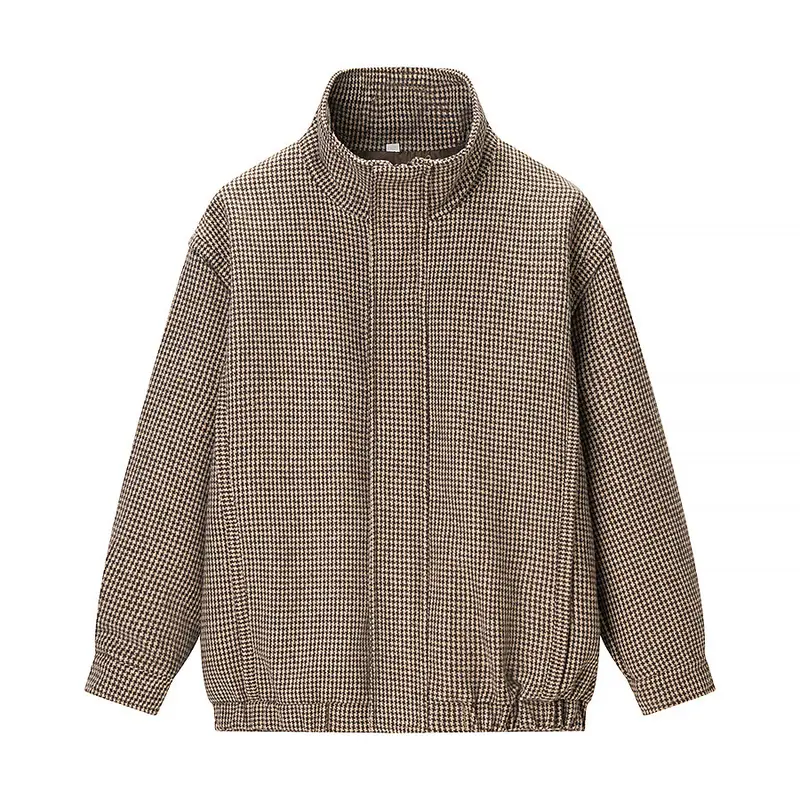 Damen Kurze Boxy-Übergangsjacke im Hahnentritt mit Stehkragen und Gummibund Drune