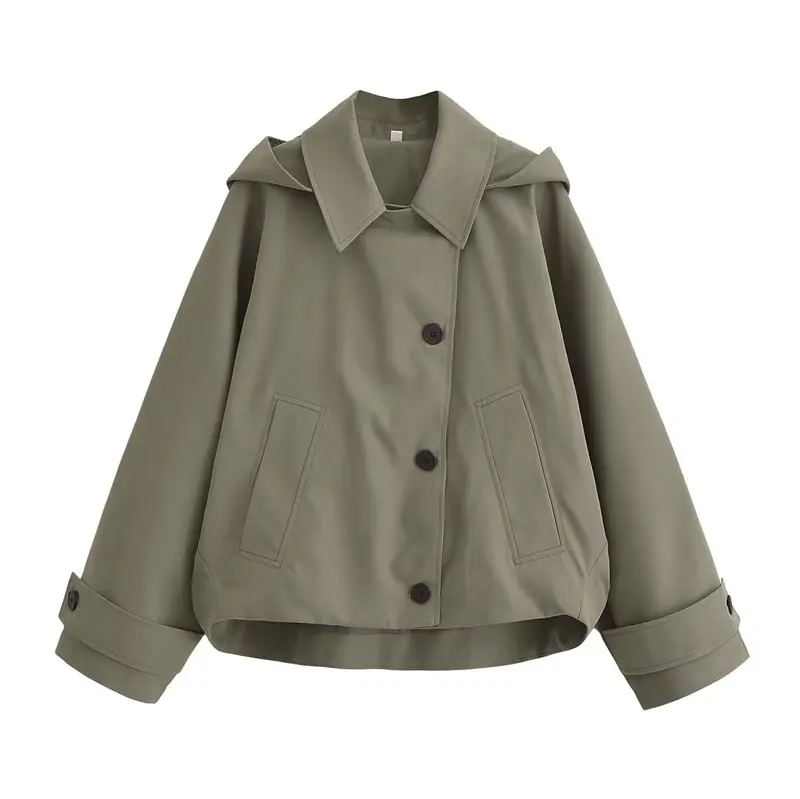 Damen Kurze Boxy-Übergangsjacke mit Kapuze und Hemdkragen Drune