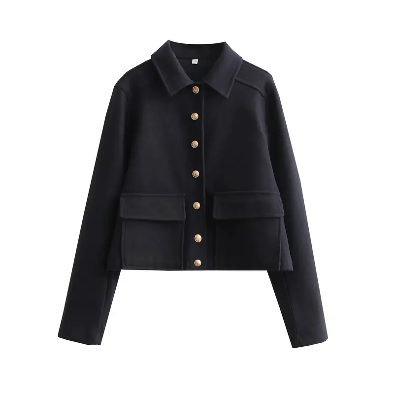 Damen Kurze Boxy-Wollmix-Jacke mit aufgesetzten Pattentaschen und goldfarbenen Zierknöpfen Drune