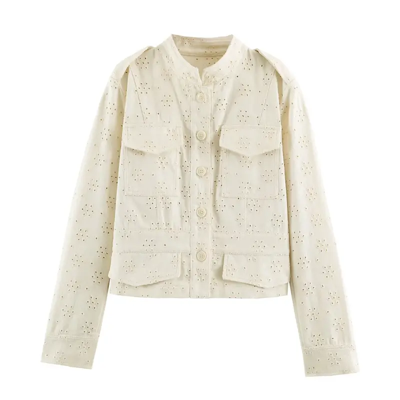 Damen Kurze Broderie‑Anglaise Jacke im Utilitarstil mit Stehkragen und Pattentaschen Drune