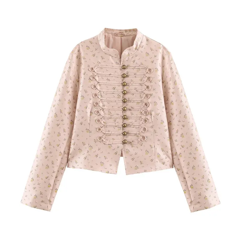 Damen Kurze Brokatoptik Militärblousonjacke mit Froschknopfleiste Drune