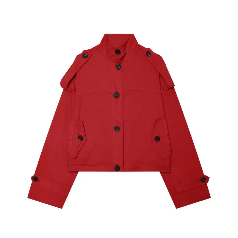Damen Kurze Canvas-Übergangsjacke mit Funnelkragen, Schulterpatten und Pattentaschen Drune