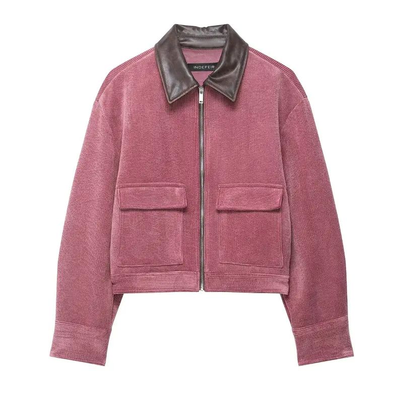 Damen Kurze Cord-Collegejacke mit Kunstlederkragen und aufgesetzten Pattentaschen Drune