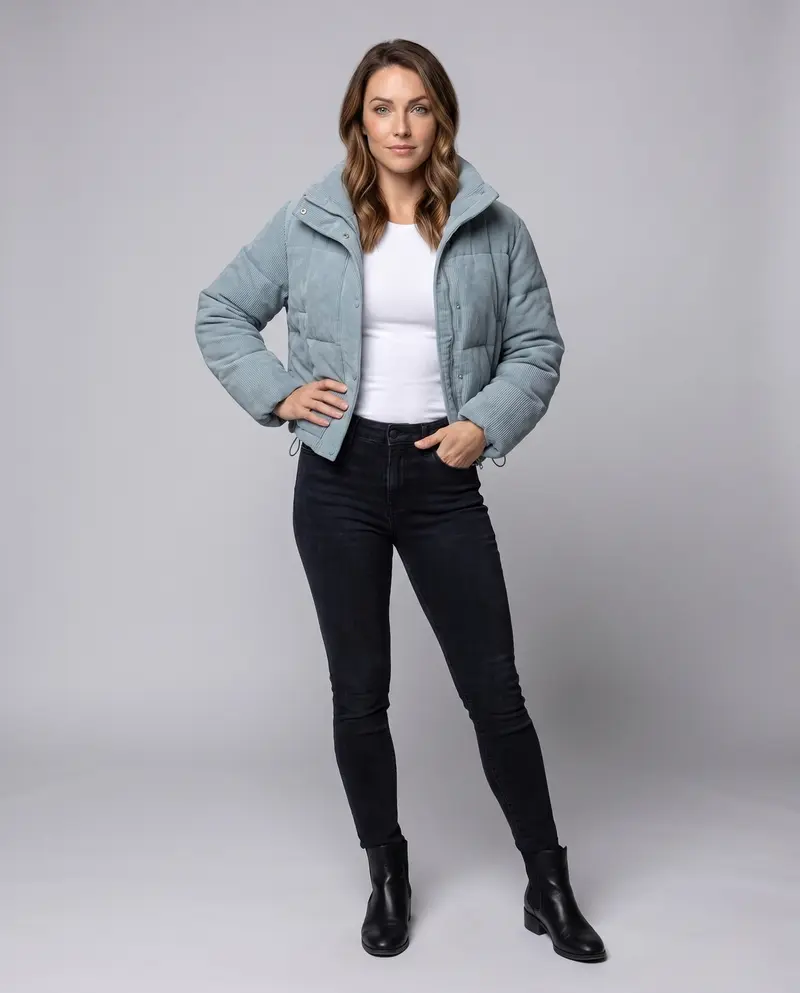 Damen kurze Cord-Puffermantel mit voluminösem Schalkragen, verdeckter Druckknopfleiste und wärmendem thermischem Futter