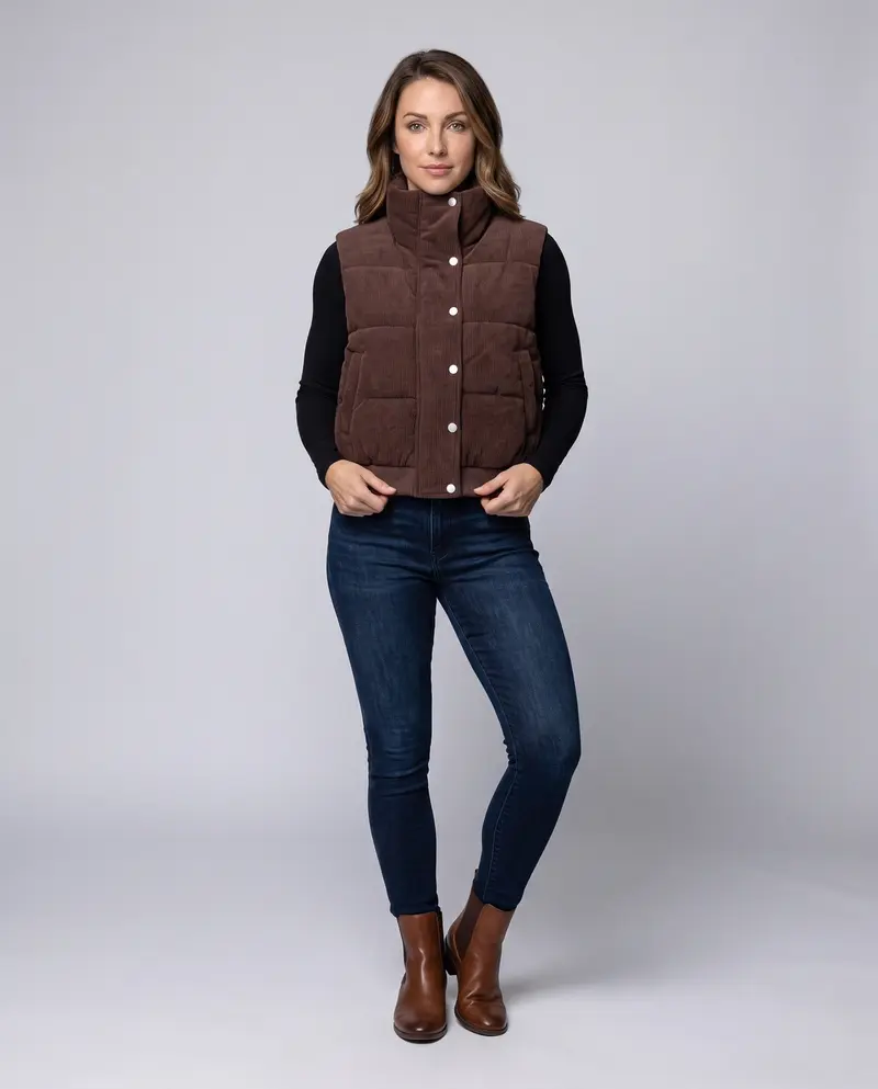 Damen kurze Cord-Velours gesteppte Weste mit hohem Schalkragen und Druckknopfblende
